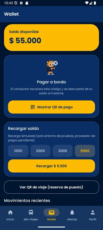 Wallet con saldo y botón de pagar a bordo